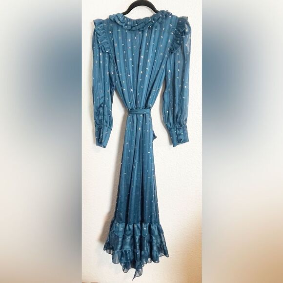 Revolve dress Misa Los Angeles Teal Blue Gown Gold Reflects & Ruffles XS NWT - Picture 4 of 8
